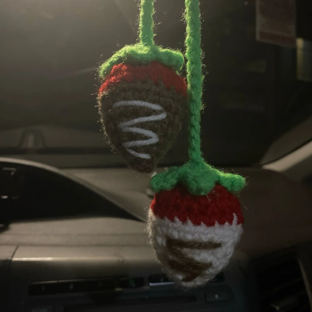 Charming Crochet Strawberry Car Decore - Red, White, and Brown